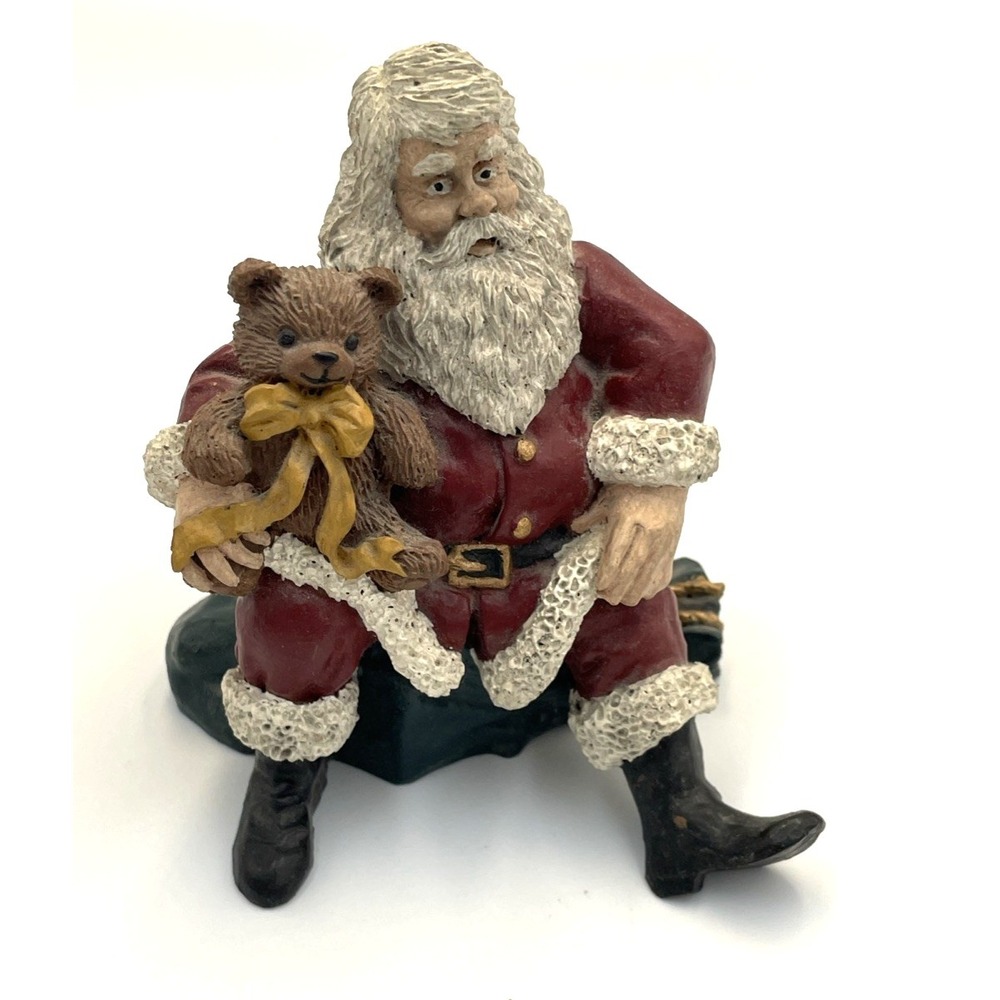 Vtg Hand Painted Resin Santa Figurine Seated on Bag Holding Teddy Bear Christmas